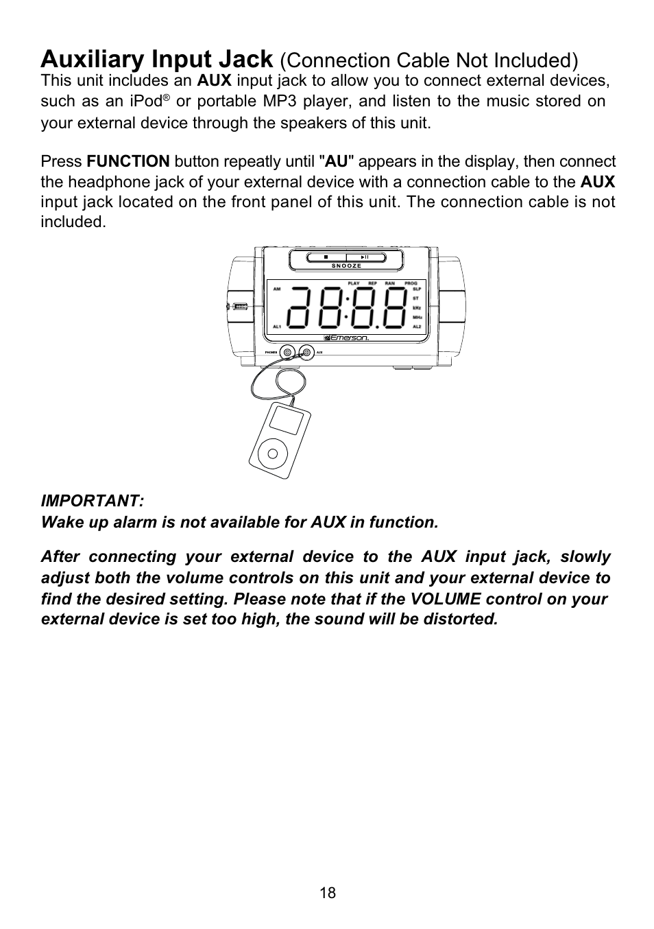 Auxiliary input jack, Connection cable not included) | Emerson Radio CKD9918 User Manual | Page 19 / 24