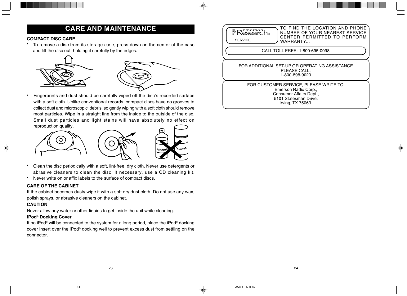 Care and maintenance | Emerson Radio iC2196 User Manual | Page 13 / 14