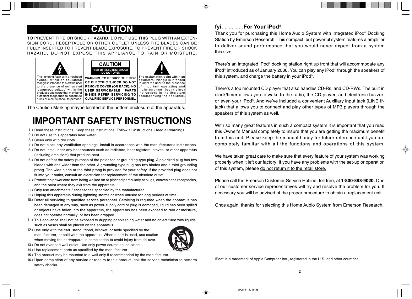 Important safety instructions, Caution | Emerson Radio iC2196 User Manual | Page 2 / 14