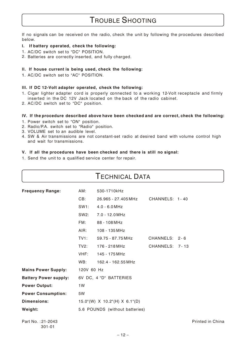 Rouble, Hooting, Echnical | Emerson Radio MBR-1 User Manual | Page 12 / 12