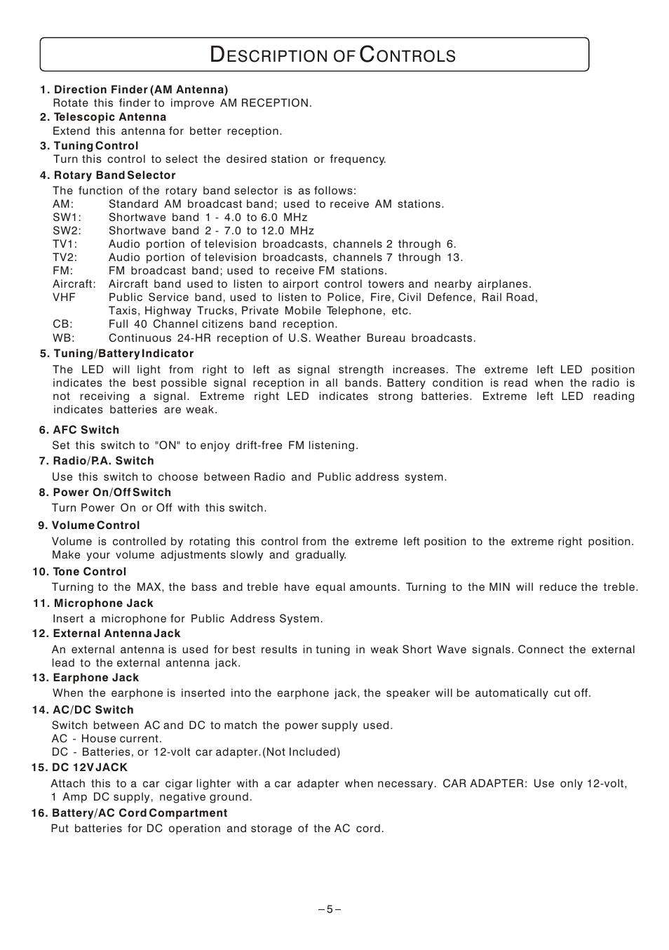 Escription of, Ontrols | Emerson Radio MBR-1 User Manual | Page 5 / 12