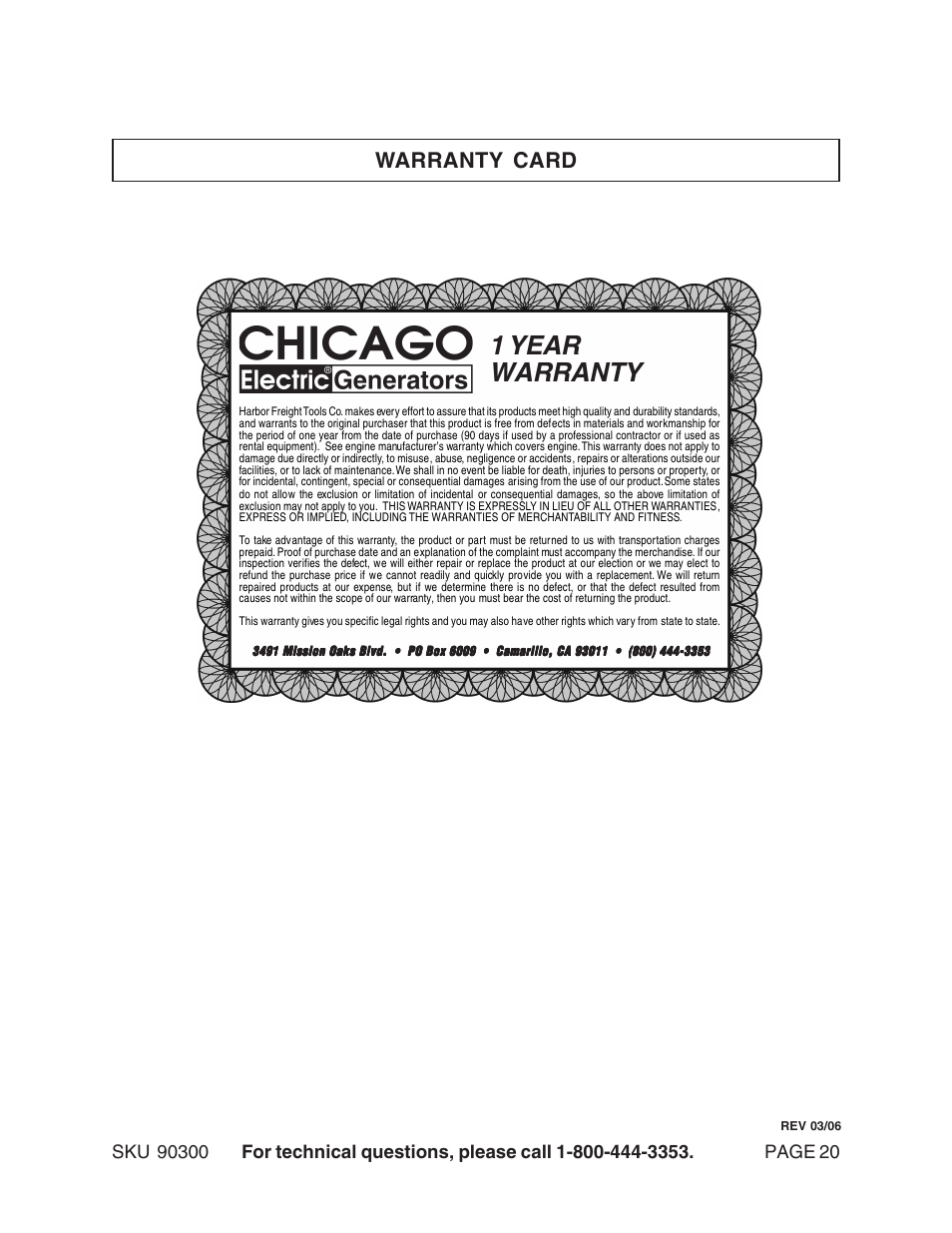 1 year warranty, Warranty card | Chicago Electric 90300 User Manual | Page 20 / 20