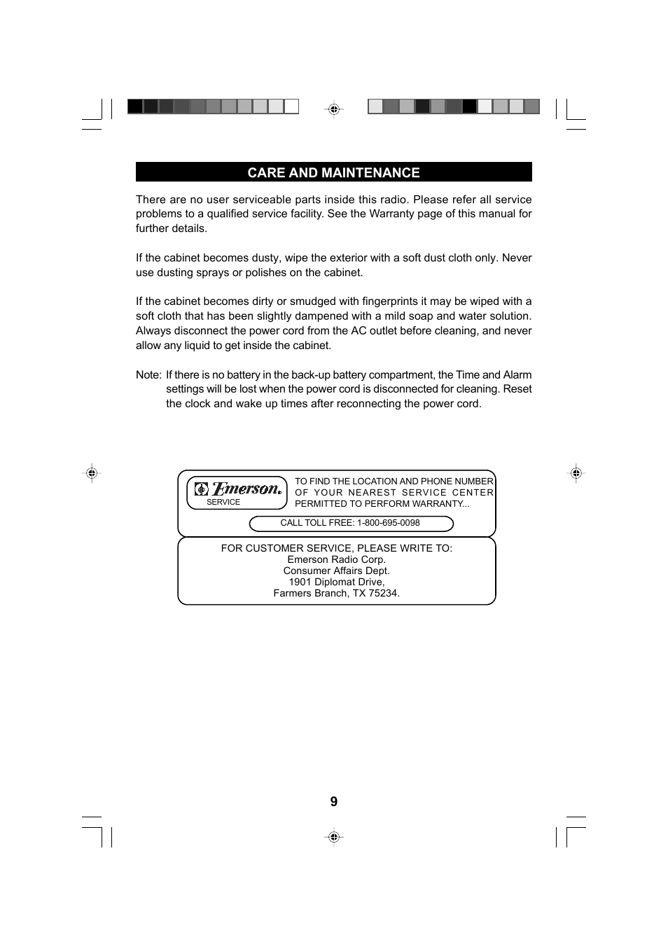 9care and maintenance | Emerson Radio CK5030 User Manual | Page 10 / 12