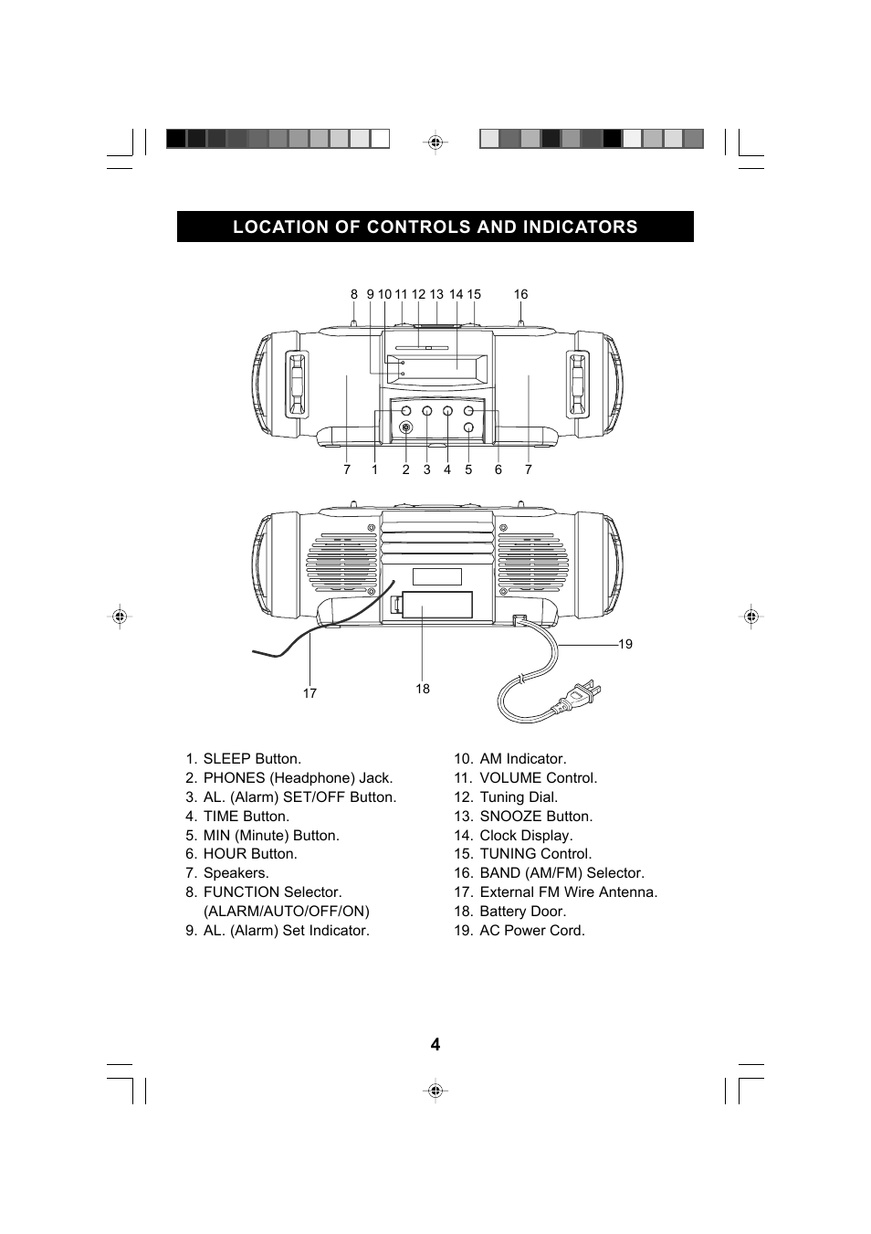 4location of controls and indicators | Emerson Radio CK5030 User Manual | Page 5 / 12