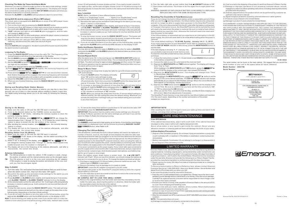 Care and maintenance, Limited warranty | Emerson Radio CKS1708 User Manual | Page 2 / 2