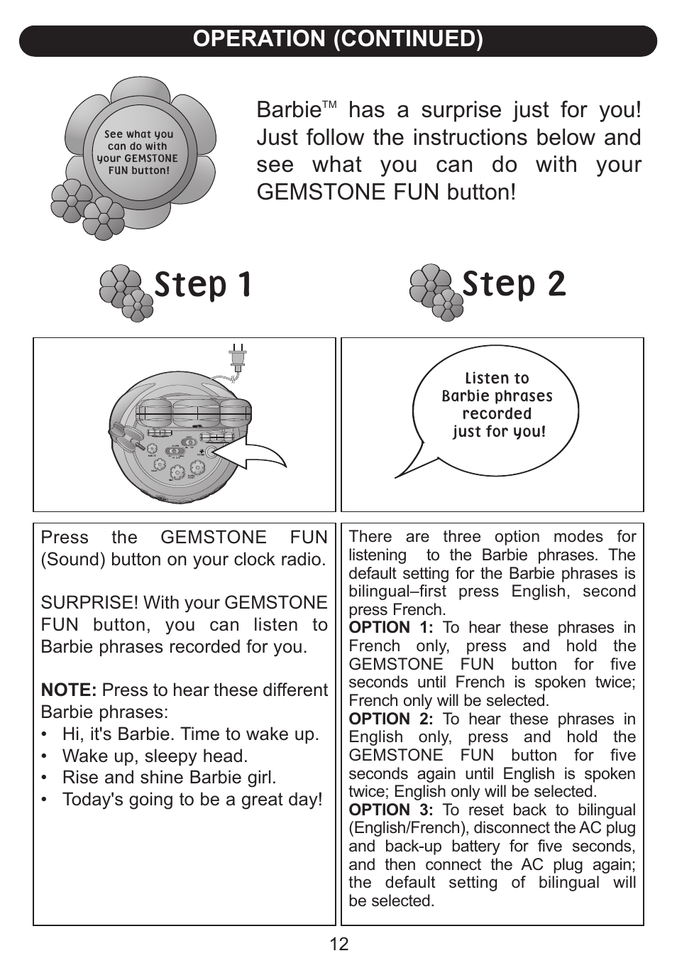 Operation (continued), Barbie | Emerson Radio Barbie BAR800 Hour Garden User Manual | Page 13 / 17