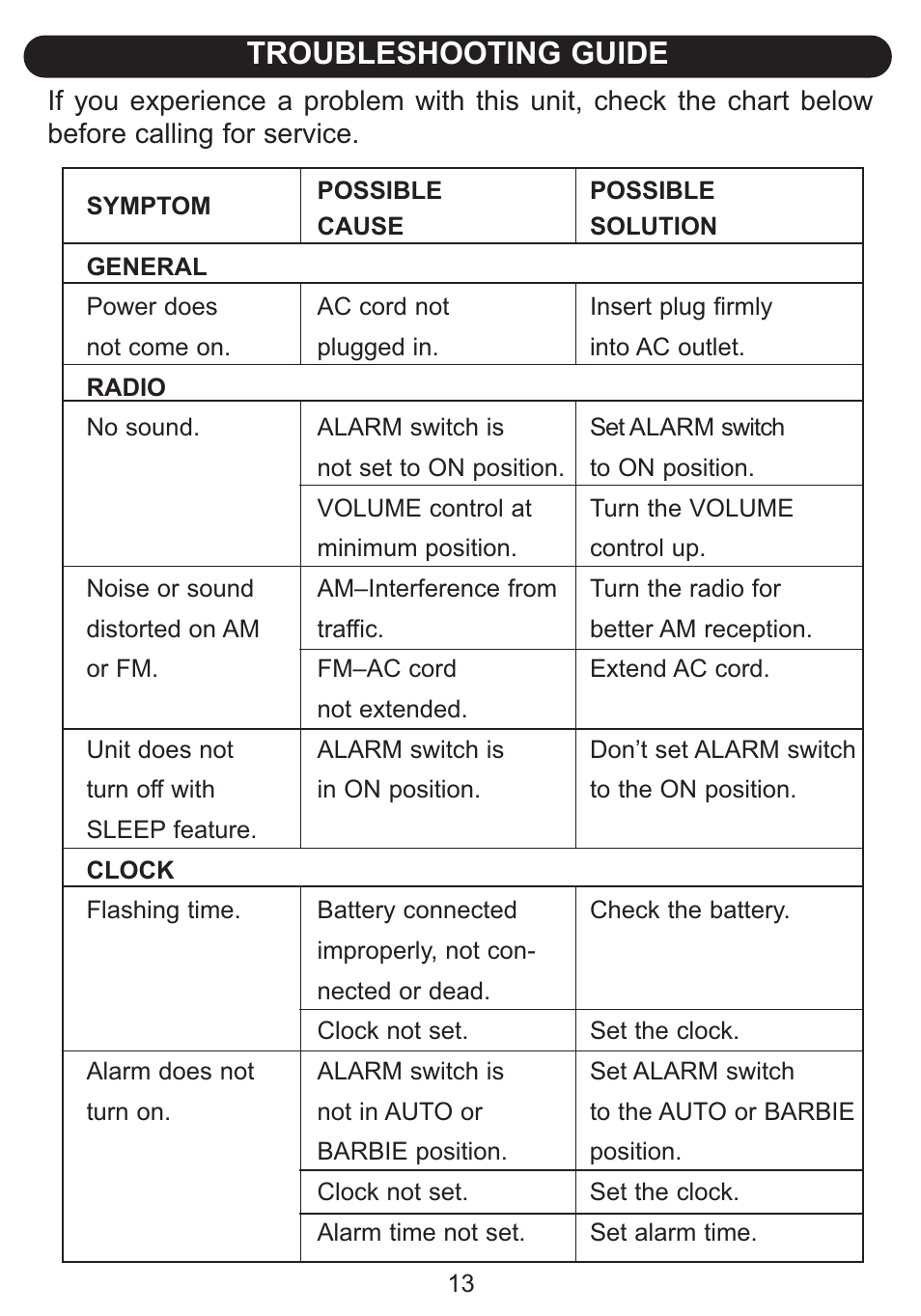 Troubleshooting guide | Emerson Radio Barbie BAR800 Hour Garden User Manual | Page 14 / 17