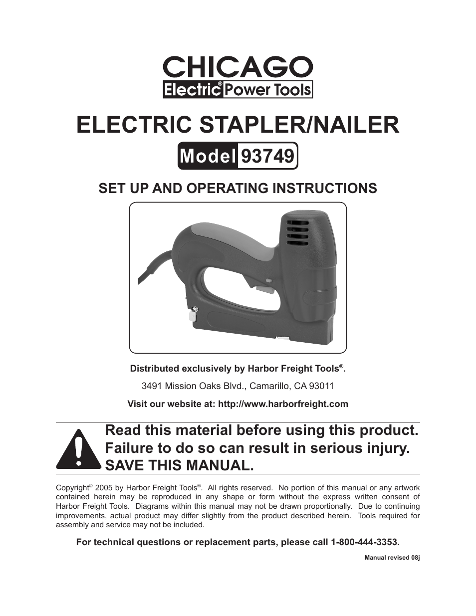 Chicago Electric Stapler/Nailer 93749 User Manual | 12 pages