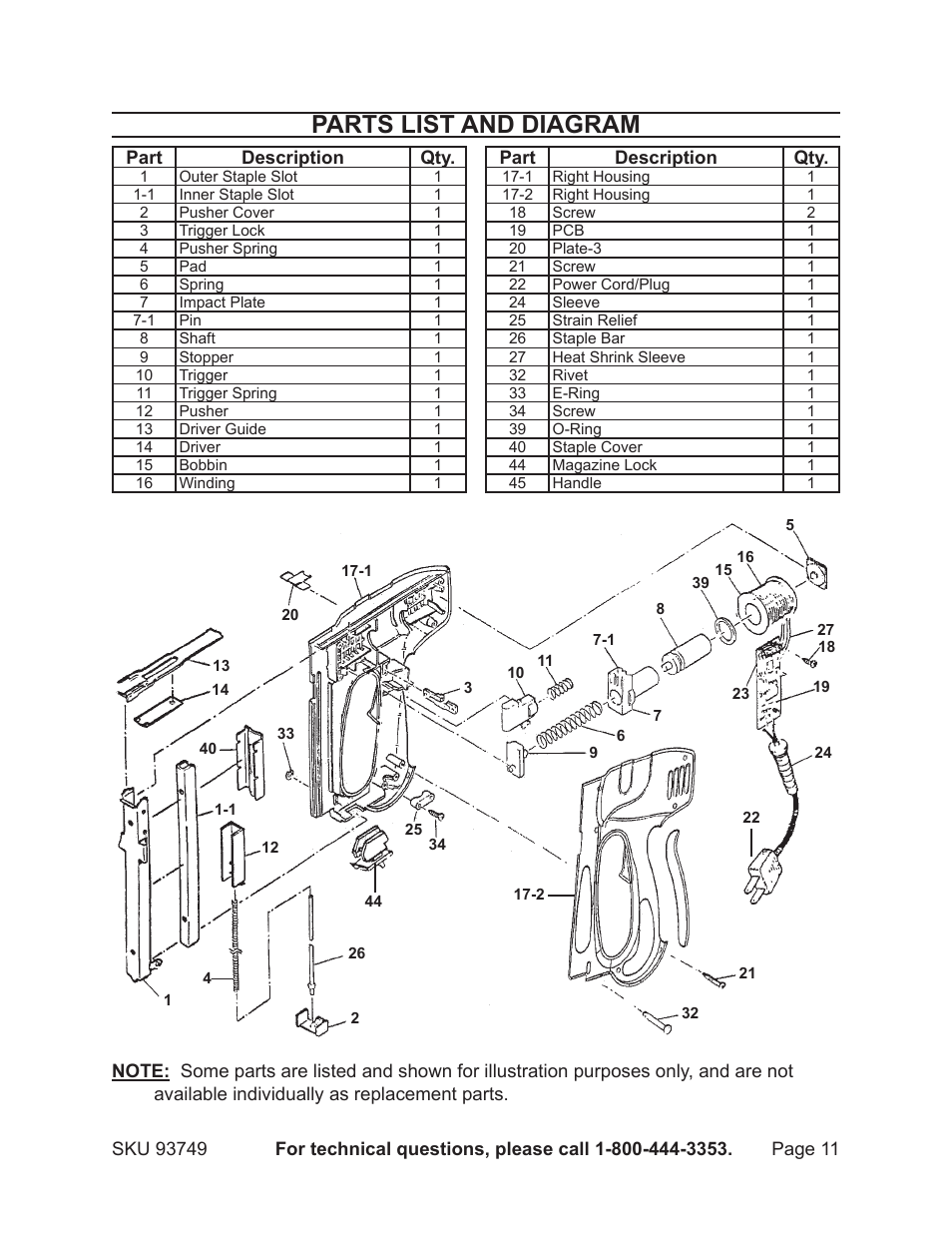 Parts list and diagram | Chicago Electric Stapler/Nailer 93749 User Manual | Page 11 / 12