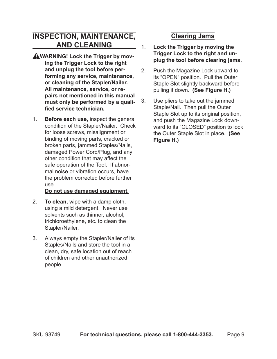 Inspection, maintenance, and cleaning | Chicago Electric Stapler/Nailer 93749 User Manual | Page 9 / 12