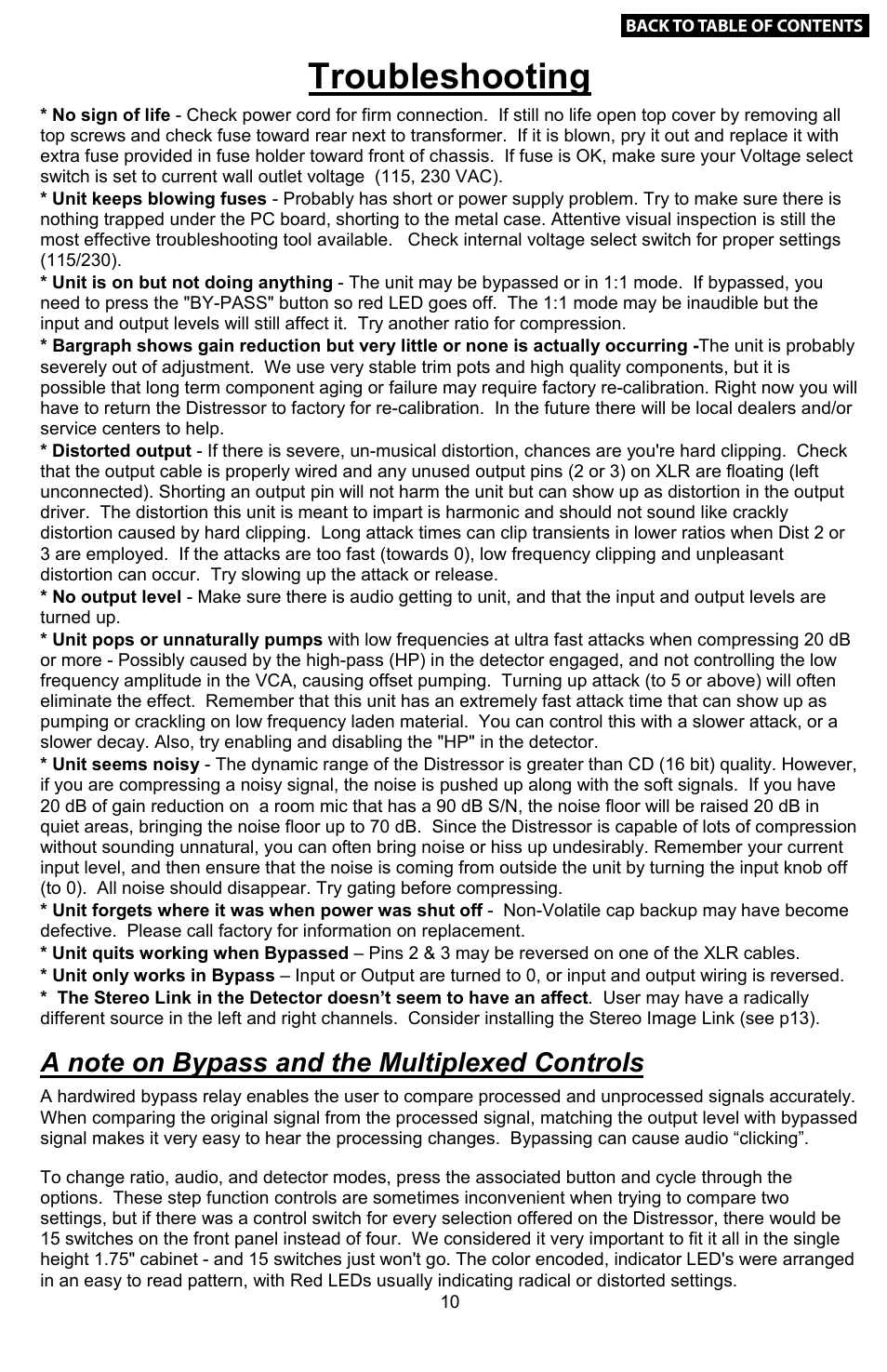 The audio modes, Distortion generator, Troubleshooting | It’s not only a compressor but a, The distortion modes | Empirical Labs EL-8 User Manual | Page 10 / 15