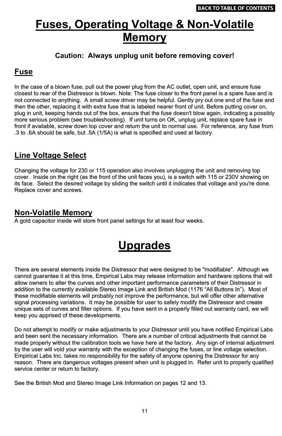 The audio modes, Distortion generator, Troubleshooting | Upgrades, The ratios and their curves, Classic emulation, It’s not only a compressor but a, The distortion modes, Fuse, Line voltage select | Empirical Labs EL-8 User Manual | Page 11 / 15