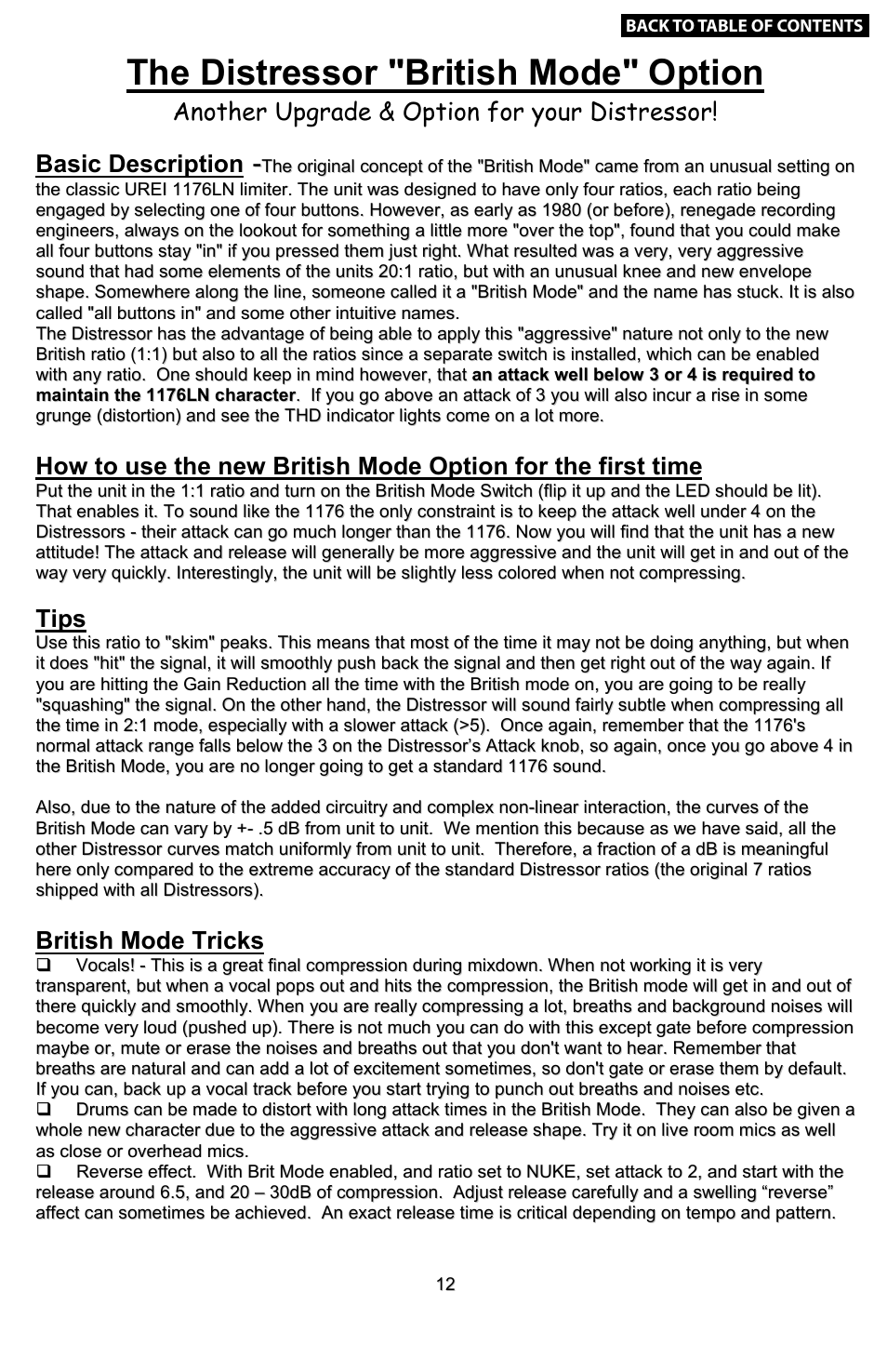 Example settings, The distressor "british mode" option, Tips | British mode tricks | Empirical Labs EL-8 User Manual | Page 12 / 15
