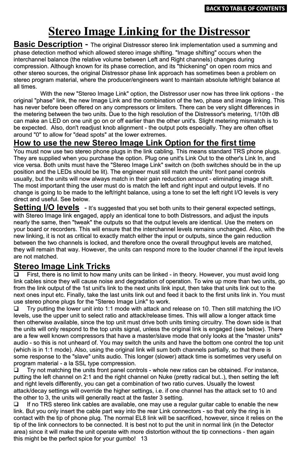 Stereo image linking for the distressor, Using the distressor for the first time, Basic description | Setting i/o levels, Stereo image link tricks, Where to start - 5 5 5 5 | Empirical Labs EL-8 User Manual | Page 13 / 15