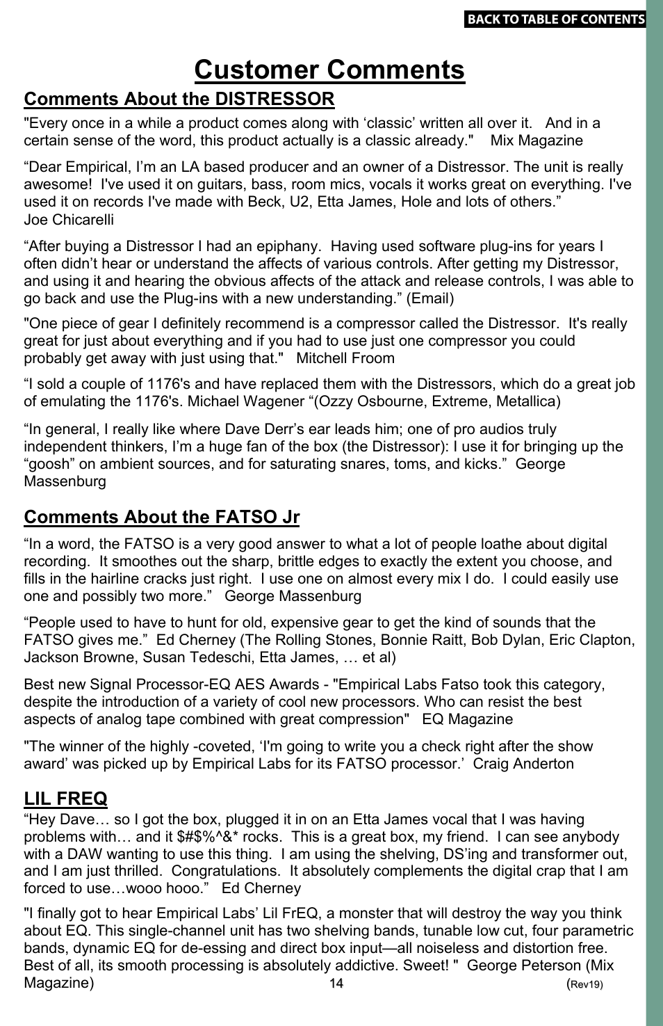 Distressor, Empirical labs, Customer comments | Features, Specs, Comments about the distressor, Comments about the fatso jr, Lil freq, Something old, something new | Empirical Labs EL-8 User Manual | Page 14 / 15
