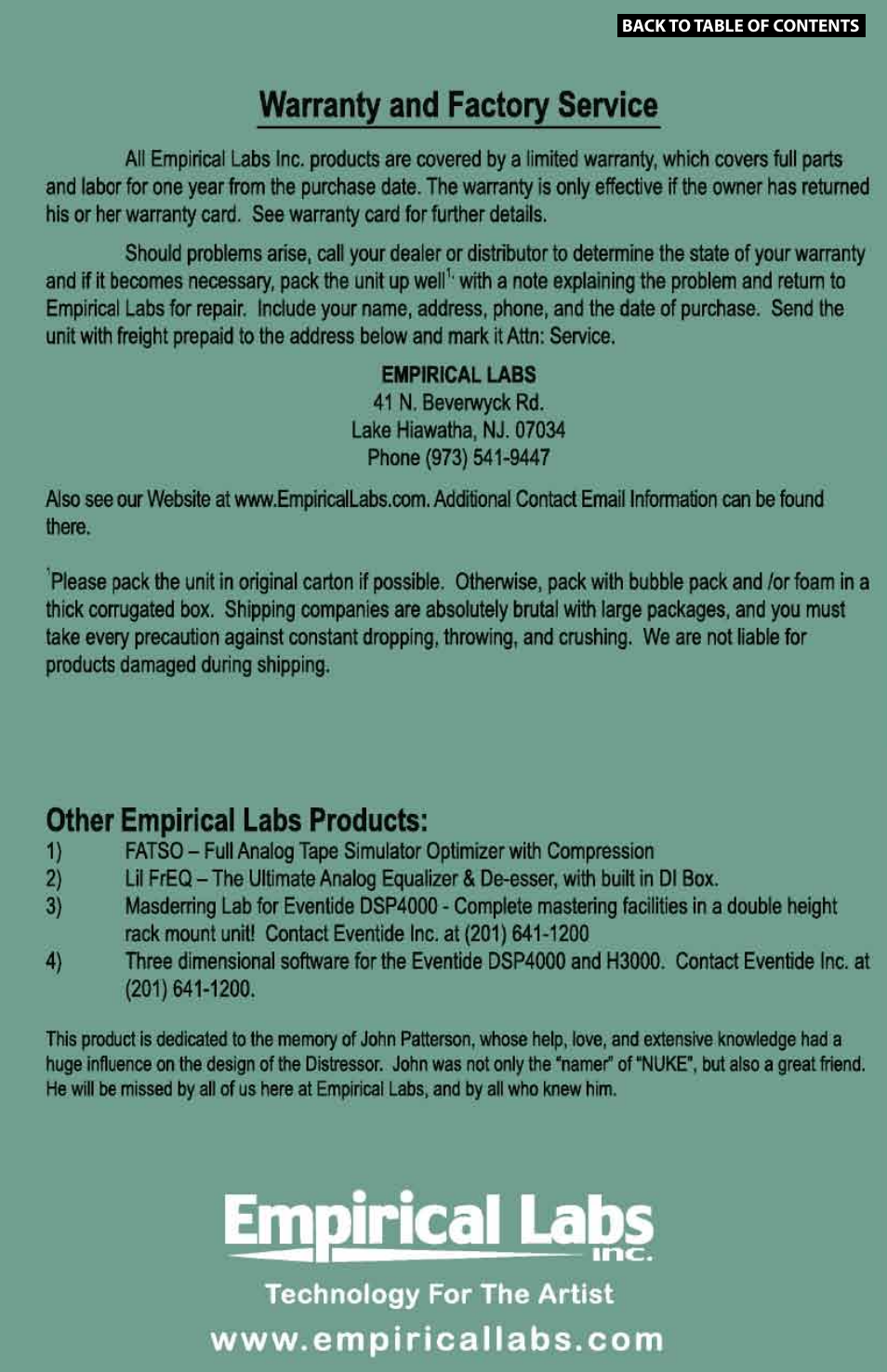 Distressor, Empirical labs, Customer comments | Features, Specs, Comments about the distressor, Comments about the fatso jr, Lil freq, Something old, something new | Empirical Labs EL-8 User Manual | Page 15 / 15