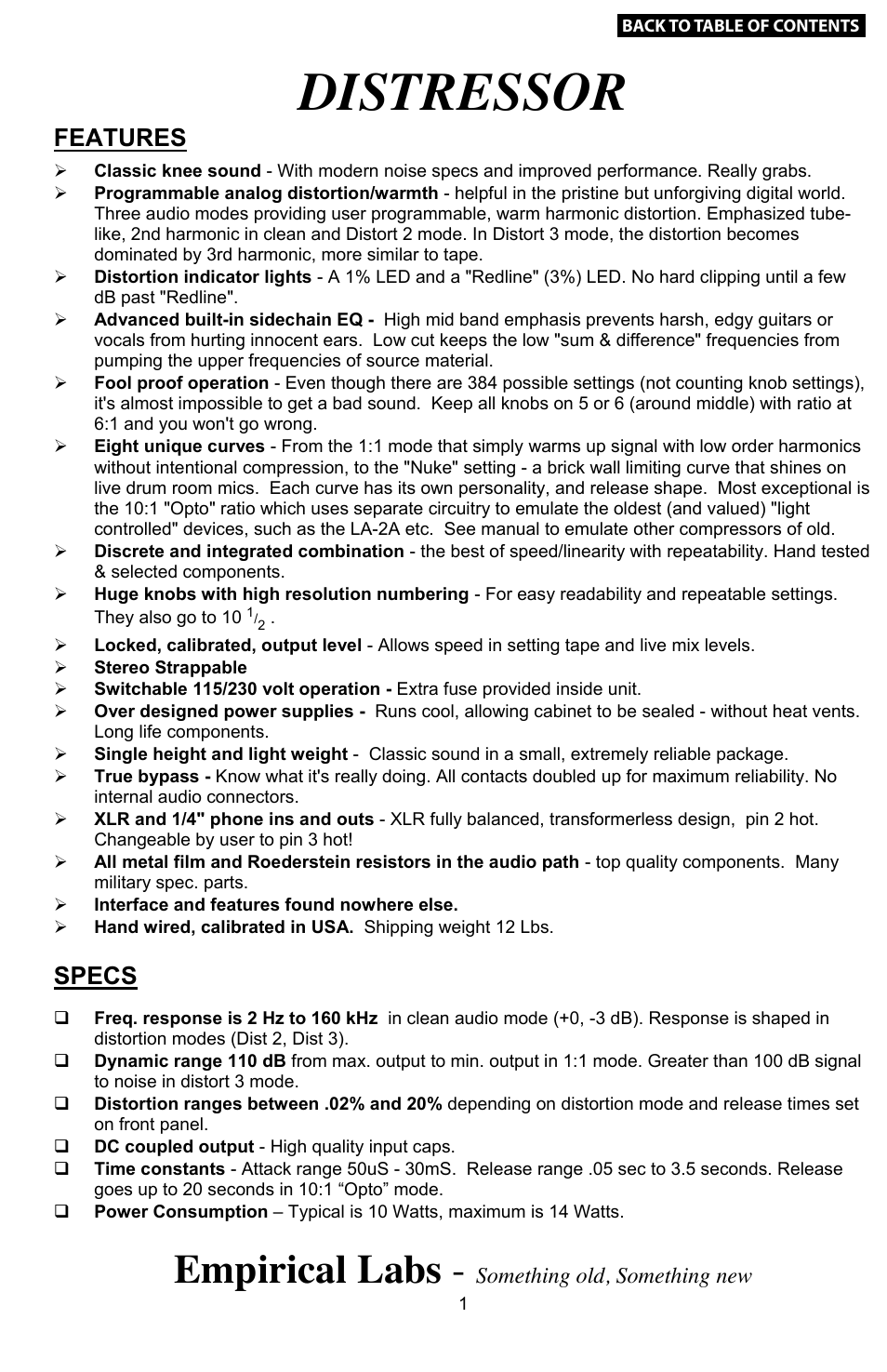 Distressor, Empirical labs, Customer comments | Features, Specs, Comments about the distressor, Comments about the fatso jr, Lil freq, Something old, something new | Empirical Labs EL-8 User Manual | Page 2 / 15
