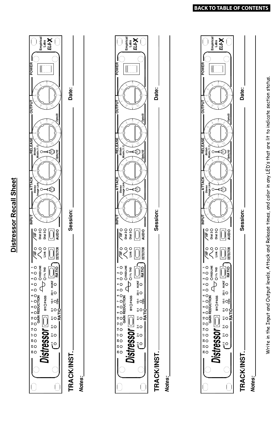 Distressor recall sheet, Track/inst, Back to table of contents | Empirical Labs EL-8 User Manual | Page 8 / 15