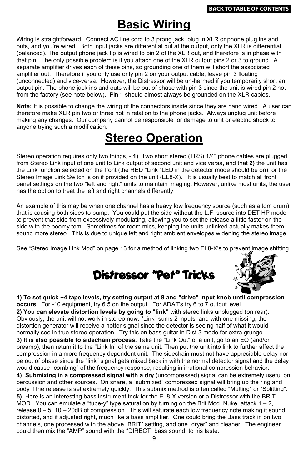 Basic wiring, Stereo operation, Distressor "pet" tricks | The detector modes, Distressor block diagram, Detector circuit main audio path, Detector modes | Empirical Labs EL-8 User Manual | Page 9 / 15