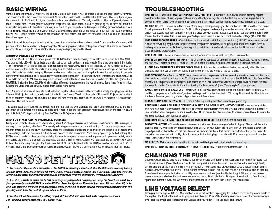 Fatso pet tricks, Troubleshooting, Changing the fuse | Line voltage select, Basic wiring | Empirical Labs EL-7x User Manual | Page 8 / 9