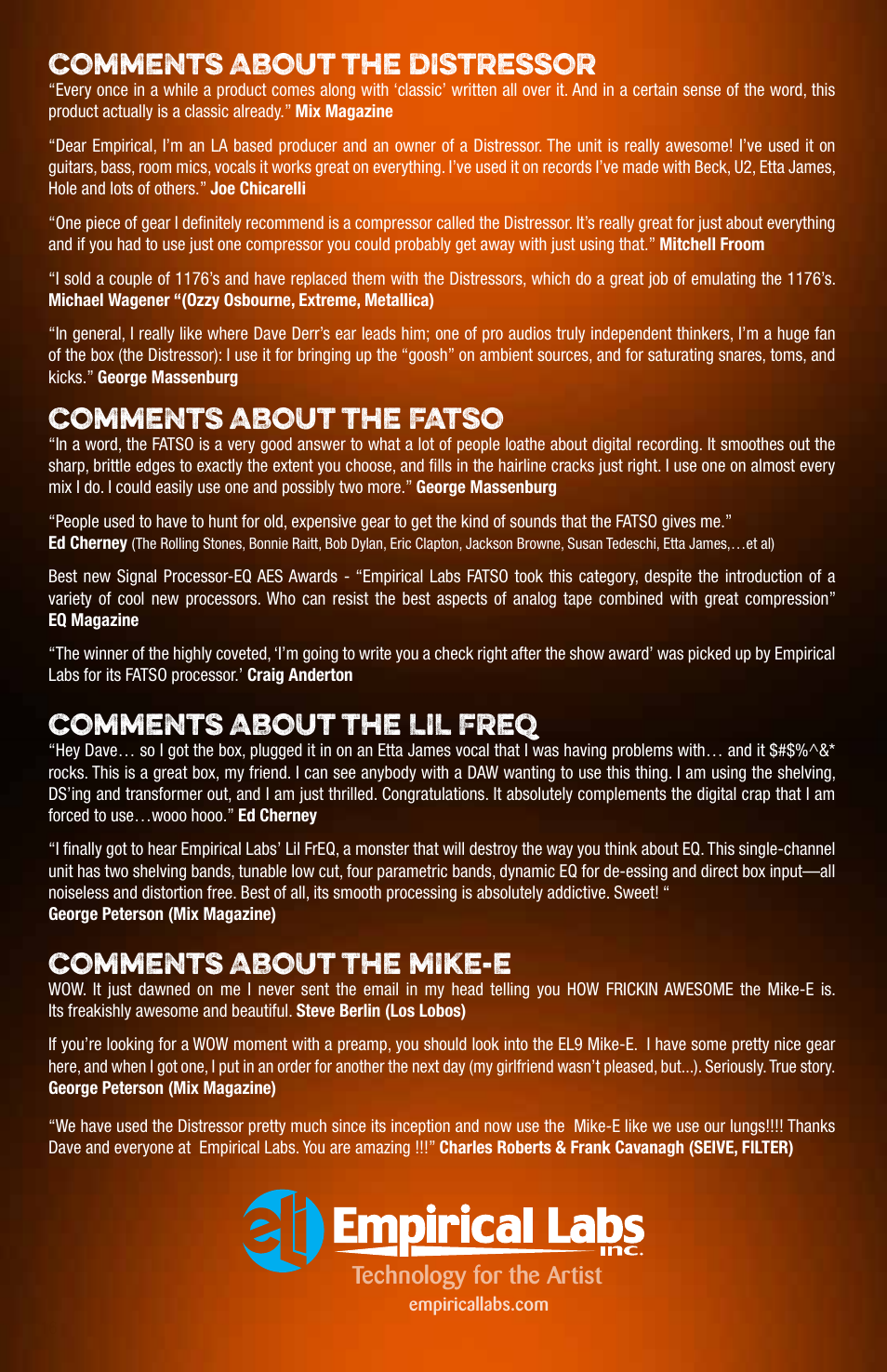 Comments about the distressor, Comments about the fatso, Comments about the lil freq | Comments about the mike-e | Empirical Labs EL-7x User Manual | Page 9 / 9