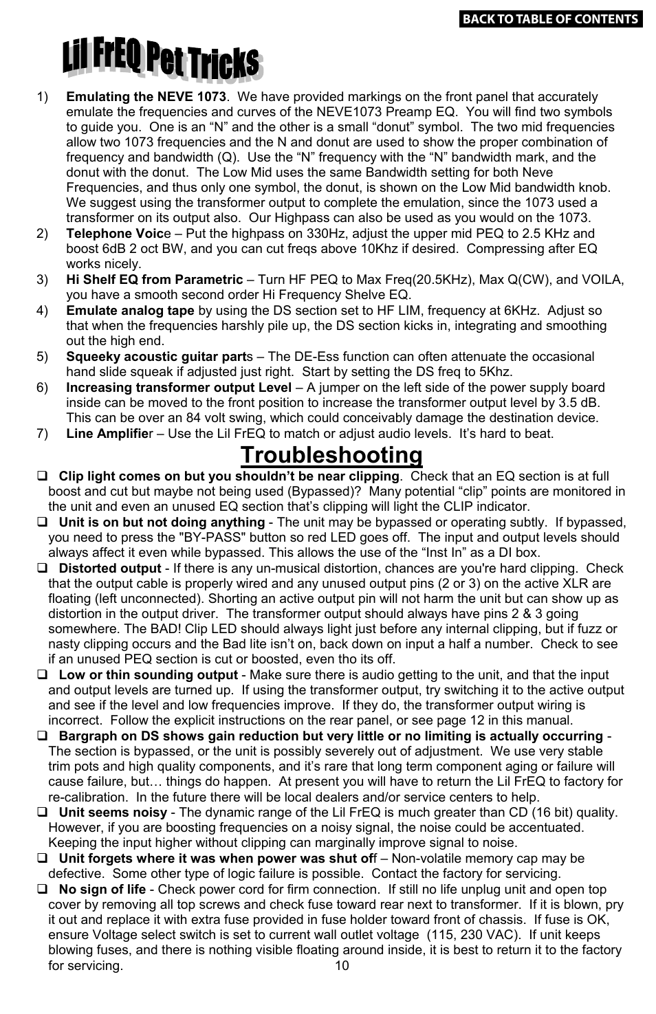 Freqy pet tricks & troubleshooting, Example settings (cont’d), Troubleshooting | Various instruments bass, Elec. guitar | Empirical Labs EL-Q User Manual | Page 10 / 15