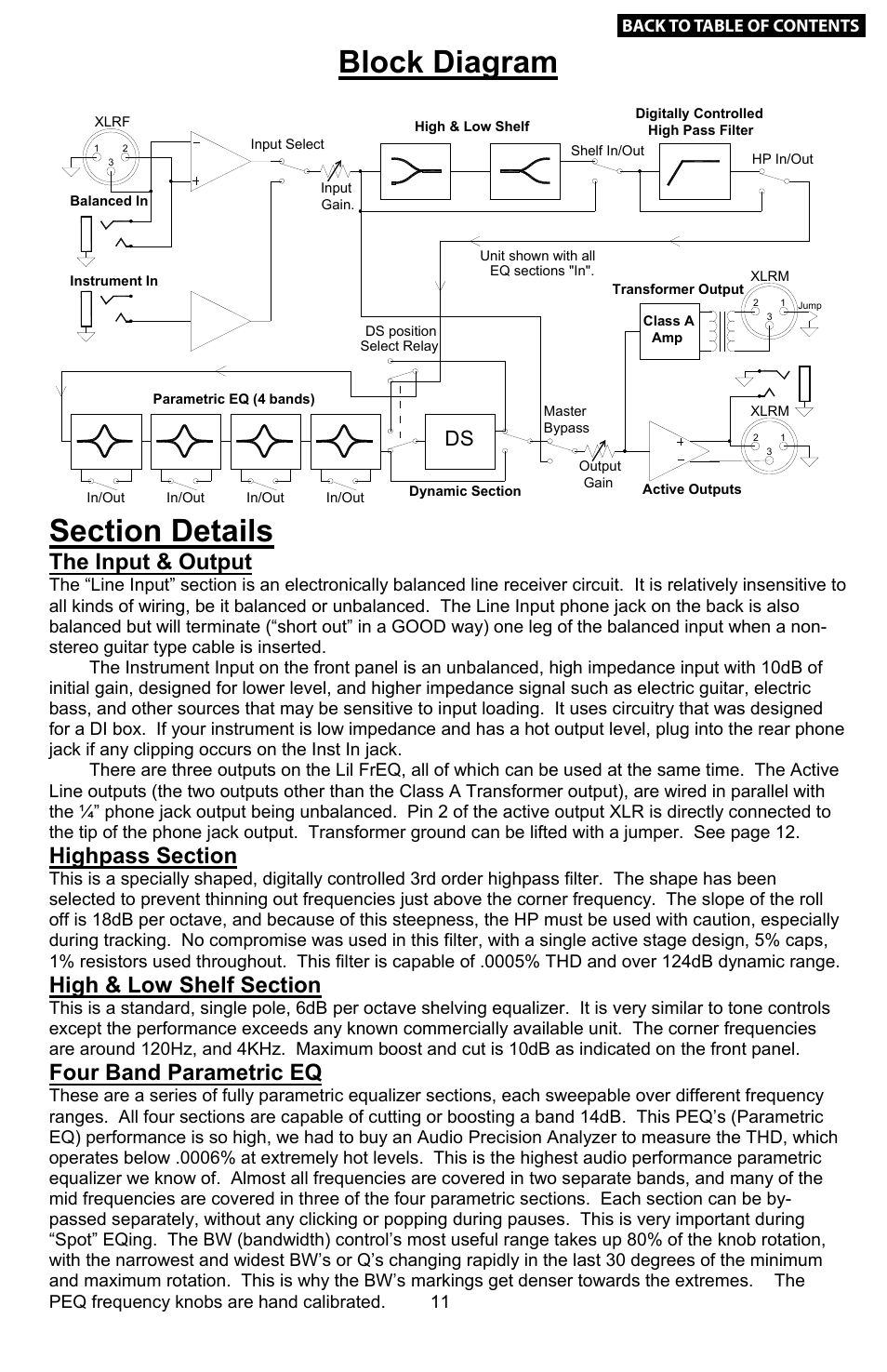Block diagram & section details, Example settings (cont’d), Troubleshooting | Various instruments bass, Elec. guitar, Vocals, The input & output, Four band parametric eq | Empirical Labs EL-Q User Manual | Page 11 / 15