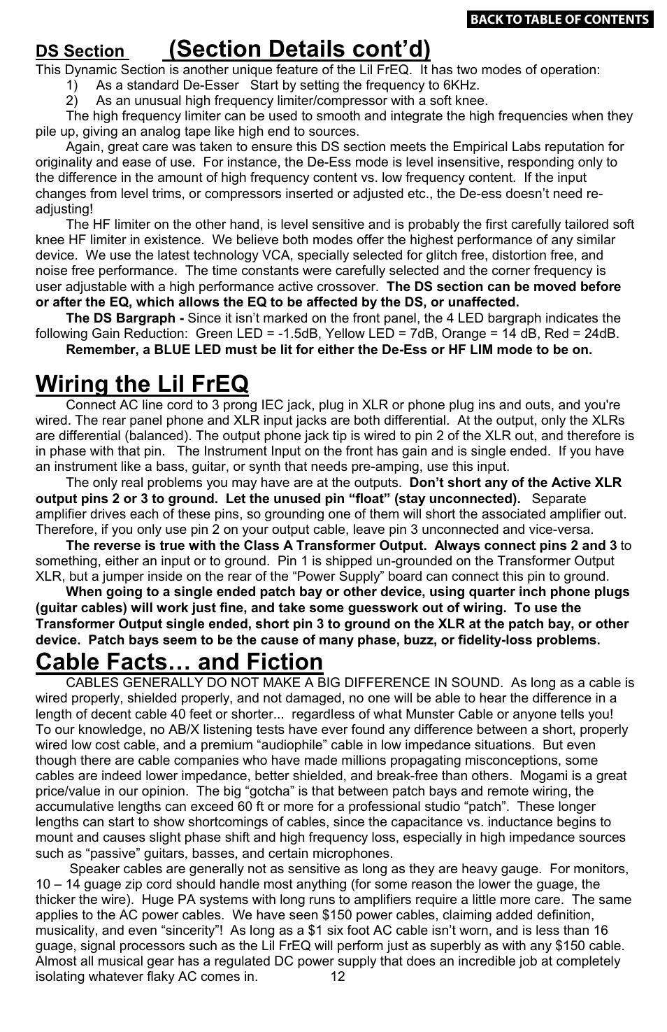 Ds section, Wiring & cables, Example settings | Wiring the lil freq, Cable facts… and fiction | Empirical Labs EL-Q User Manual | Page 12 / 15