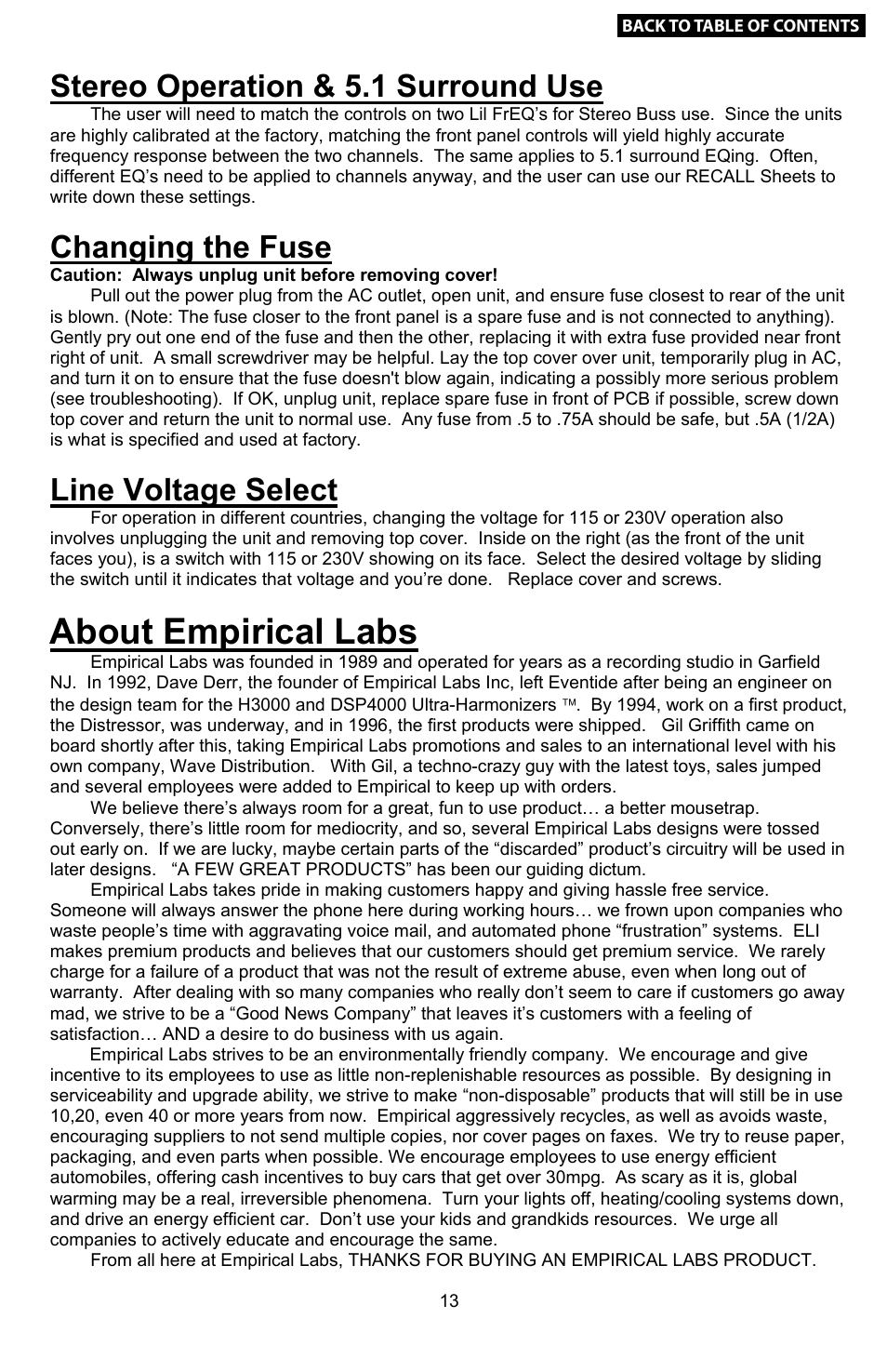 Stereo operation, fuse replacement, and, Ac voltage select, About empirical labs | Stereo operation & 5.1 surround use, Changing the fuse, Line voltage select, What is the lil freq, Using the lil freq for the first time | Empirical Labs EL-Q User Manual | Page 13 / 15