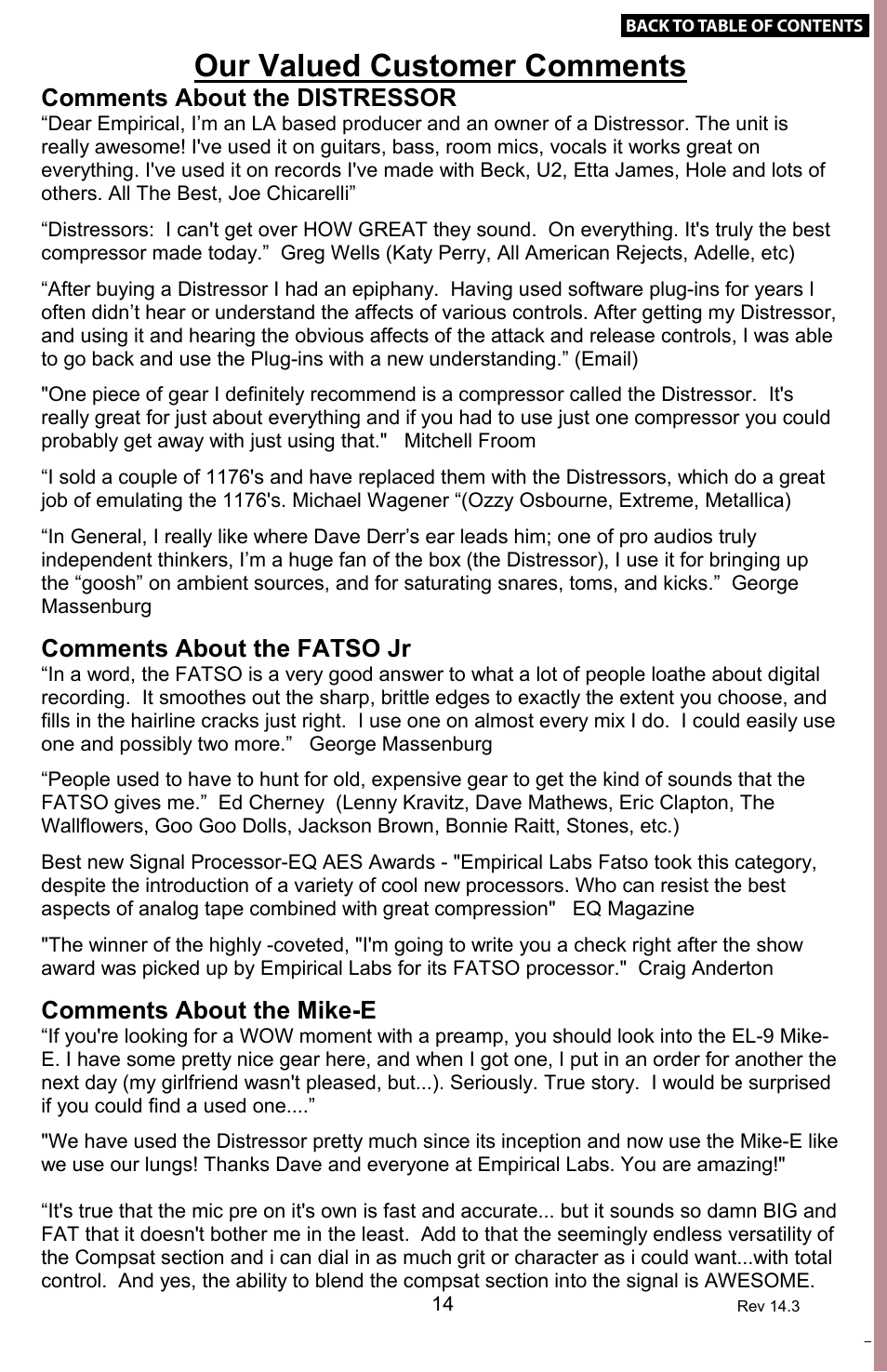 Customer comments, Lil freq, Users manual | Empirical labs, Warranty and factory service, Other empirical labs products, Upgrades, Equalization empirical labs style, Features, Specs | Empirical Labs EL-Q User Manual | Page 14 / 15