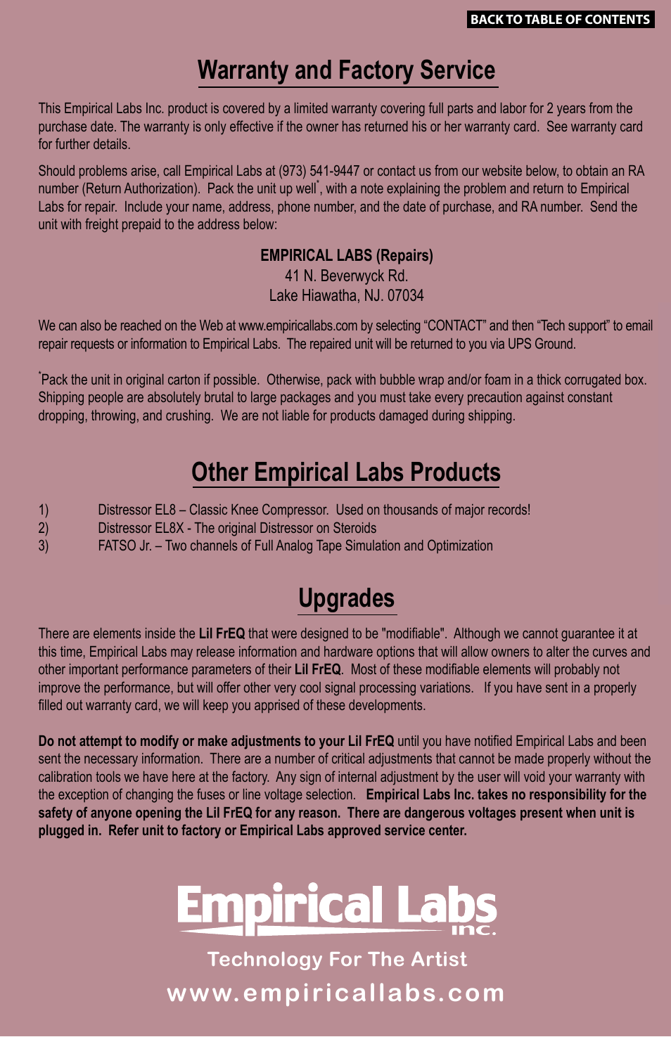 Warranty (rear cover), Lil freq, Users manual | Empirical labs, Warranty and factory service, Other empirical labs products, Upgrades, Equalization empirical labs style, Features, Specs | Empirical Labs EL-Q User Manual | Page 15 / 15