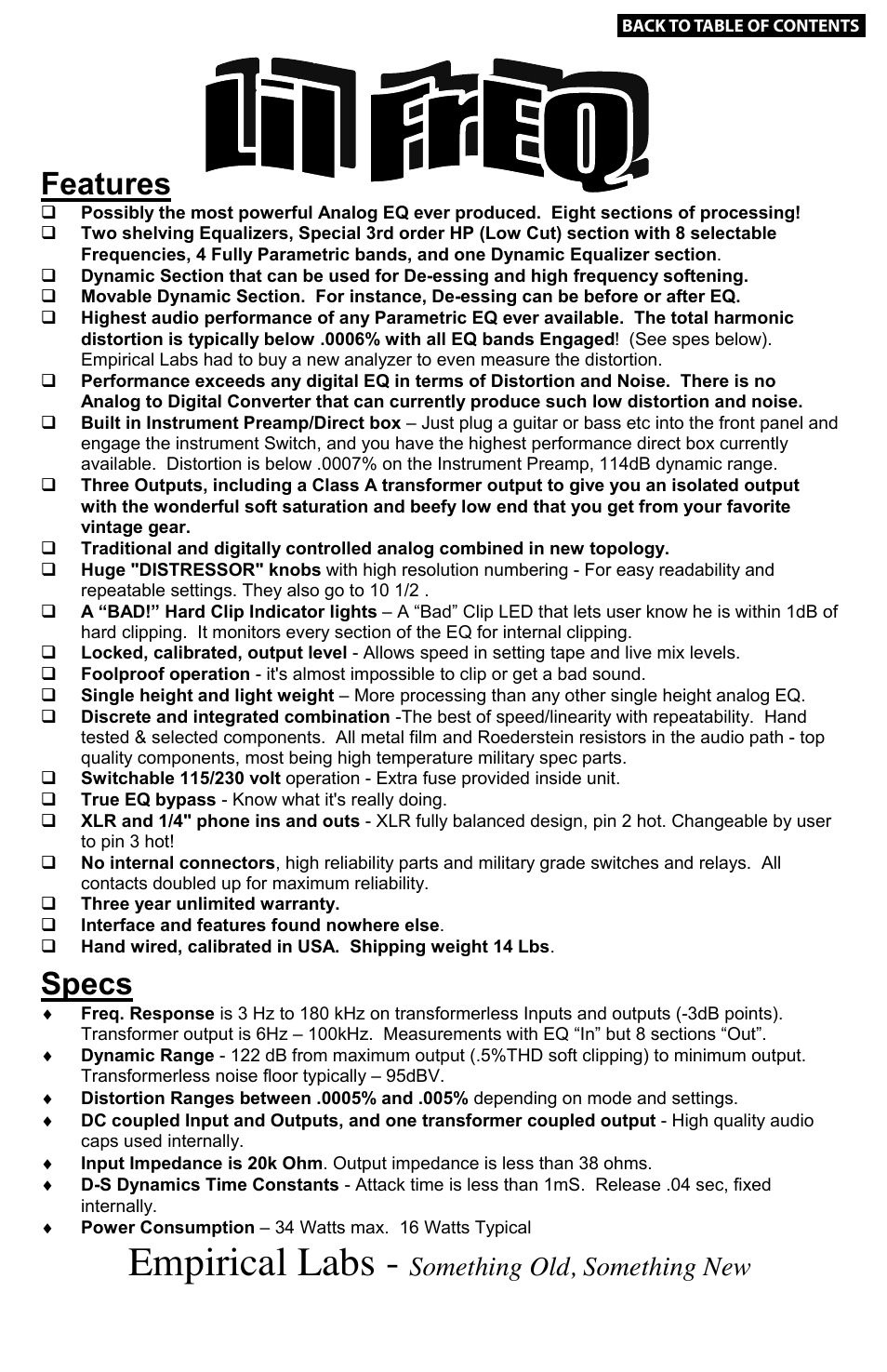 Features & specs, Empirical labs, Features | Specs, Our valued customer comments, Something old, something new, Comments about the distressor, Comments about the fatso jr, Comments about the mike-e | Empirical Labs EL-Q User Manual | Page 2 / 15