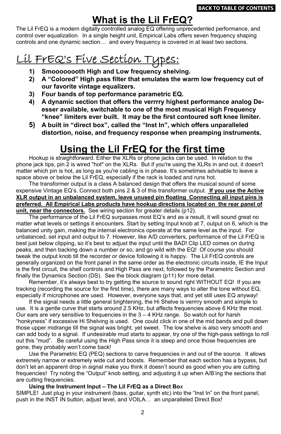 What is the lil freq, Using for the first time, About empirical labs | Stereo operation & 5.1 surround use, Changing the fuse, Line voltage select, Using the lil freq for the first time | Empirical Labs EL-Q User Manual | Page 3 / 15