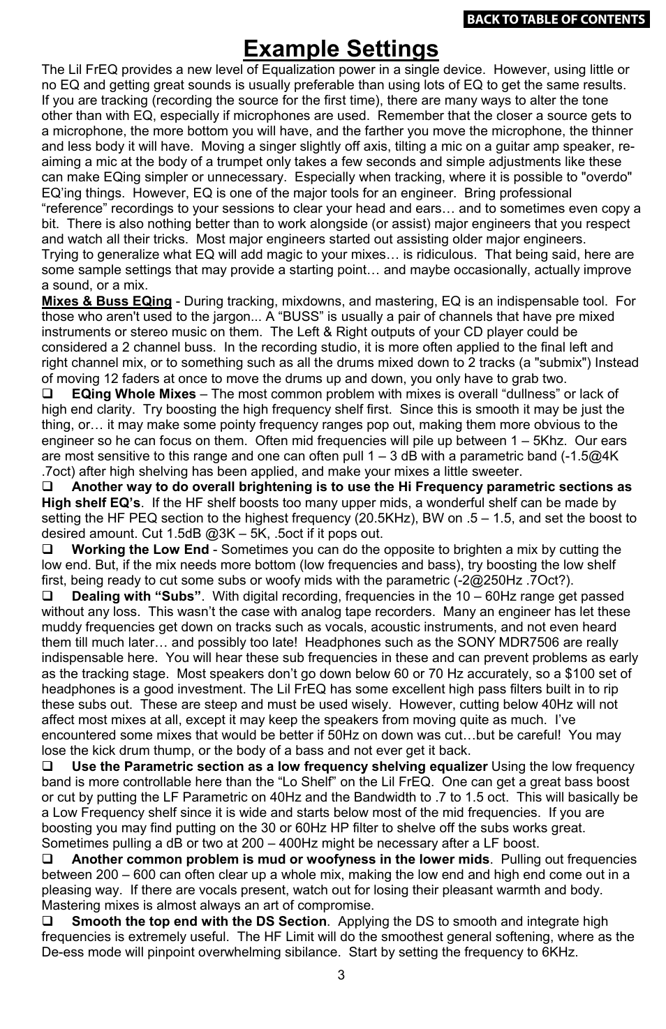 Example settings of the eq, Example settings, Wiring the lil freq | Cable facts… and fiction | Empirical Labs EL-Q User Manual | Page 4 / 15