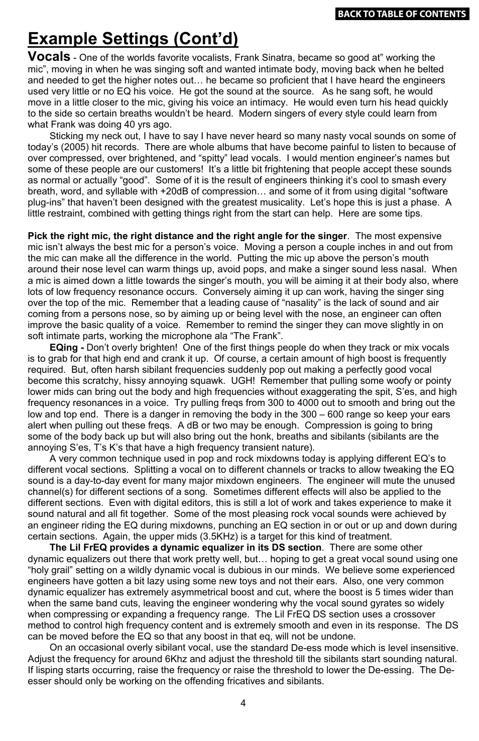 Example settings (cont’d), Vocals, The input & output | Four band parametric eq | Empirical Labs EL-Q User Manual | Page 5 / 15