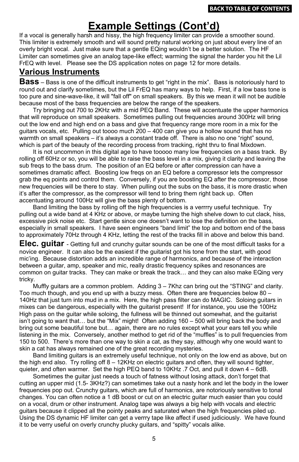 Example settings (cont’d), Troubleshooting, Various instruments bass | Elec. guitar | Empirical Labs EL-Q User Manual | Page 6 / 15
