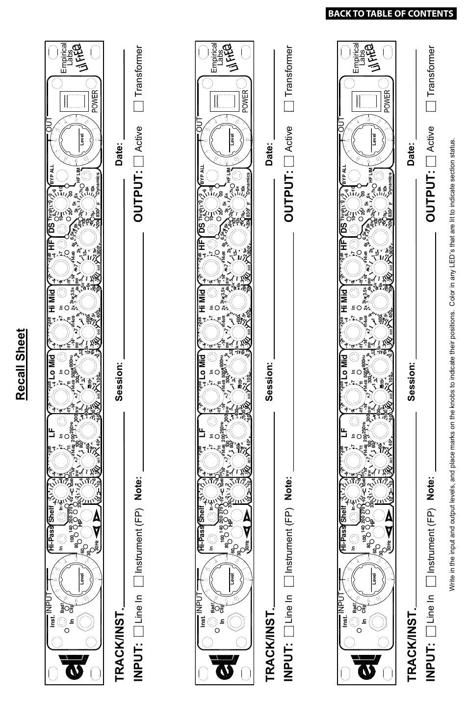 Recall sheet, Track/inst. input, Output | Track/ in st . in pu t, Line in ins tru m ent (fp ) se ssio n: date, Act ive tr ansfor m er n ot e, Li ne in instrument (fp) se ssion : date, Active tra nsf ormer n ot e, Back to table of contents, Ou t em pi rica l la bs | Empirical Labs EL-Q User Manual | Page 8 / 15