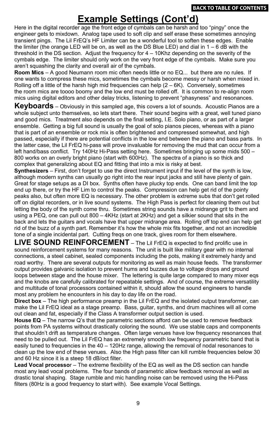 Example settings (continued), Example settings (cont’d), Keyboards | Live sound reinforcement, Plucked instruments & acoustic guitar, Percussion | Empirical Labs EL-Q User Manual | Page 9 / 15