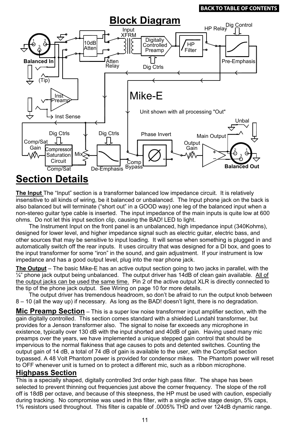 11 block diagram, 11 section details, Mike-e | Example settings pt 3, Wiring the mike-e, Cable facts… and fiction, Options/upgrades, Example settings pt 2, Percussion, Elec. guitar | Empirical Labs EL-9 User Manual | Page 11 / 15