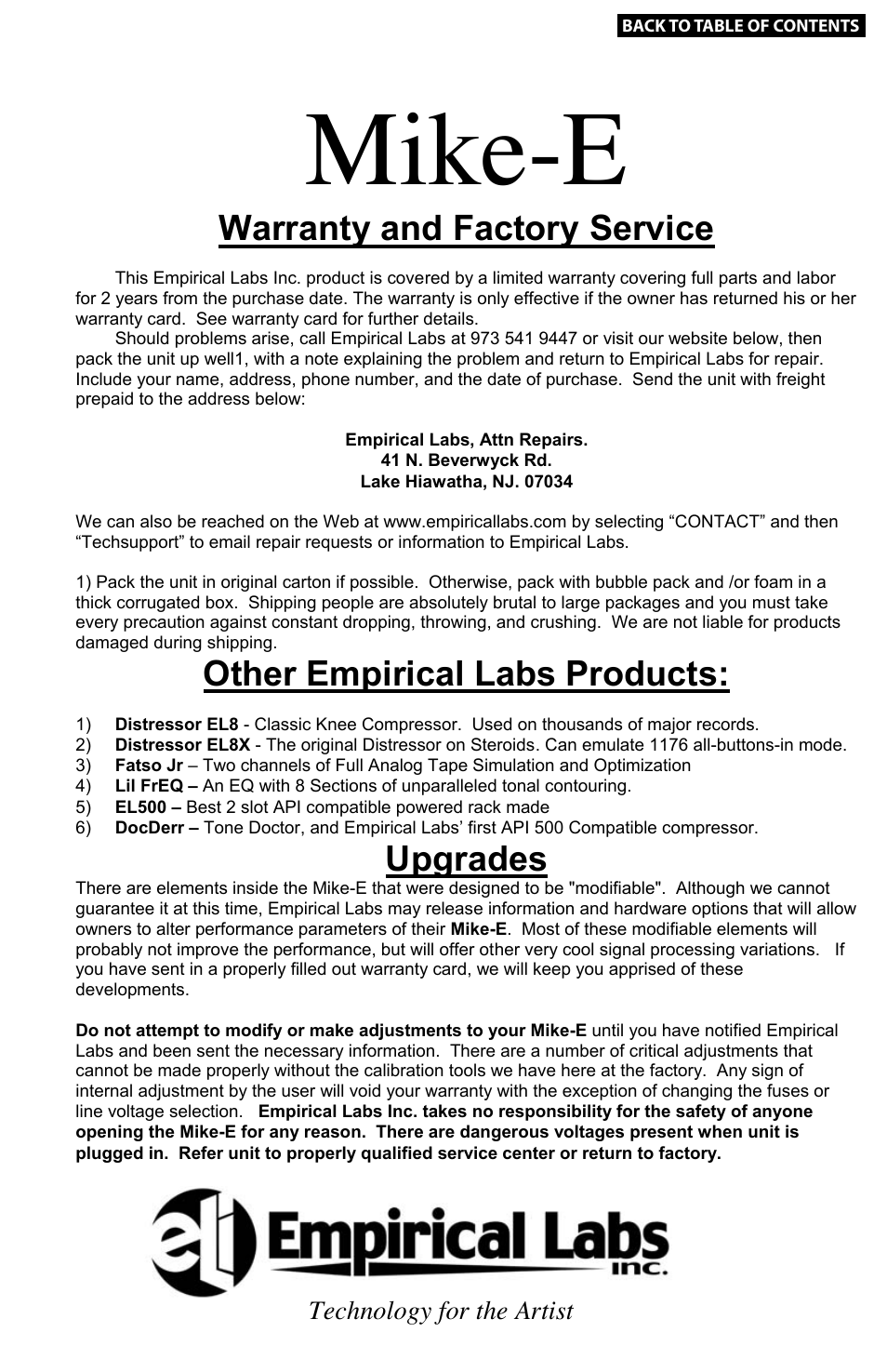 15 warranty (rear cover), Mike-e, Empirical labs | Mic preamp with some new tricks, Warranty and factory service, Other empirical labs products, Upgrades, Index, Technology for the artist, Page | Empirical Labs EL-9 User Manual | Page 15 / 15