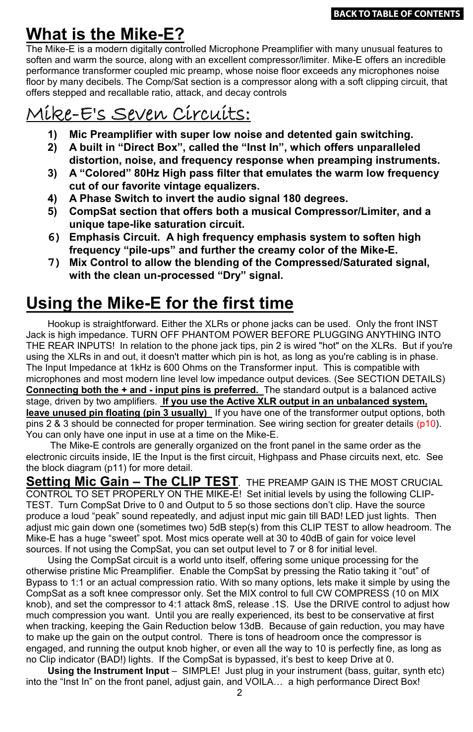 What is mike-e, Using for the first time, Setting mic gain! – the “clip test | Mike-e's seven circuits, Stereo operation & 5.1 surround use, Changing the fuse, Line voltage select, Troubleshooting, What is the mike-e, Using the mike-e for the first time | Empirical Labs EL-9 User Manual | Page 3 / 15