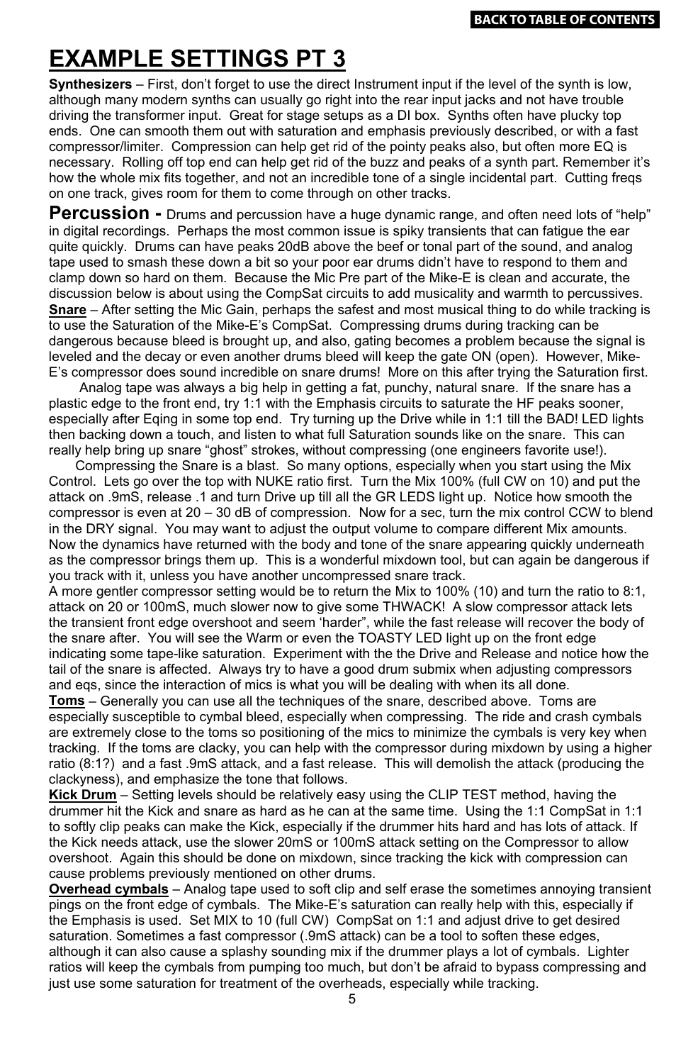 Example settings pt 3, Wiring the mike-e, Cable facts… and fiction | Options/upgrades, Percussion, Jenson output transformer – available in future, Class a output transformer – available in future, Alternate compression ratios | Empirical Labs EL-9 User Manual | Page 6 / 15