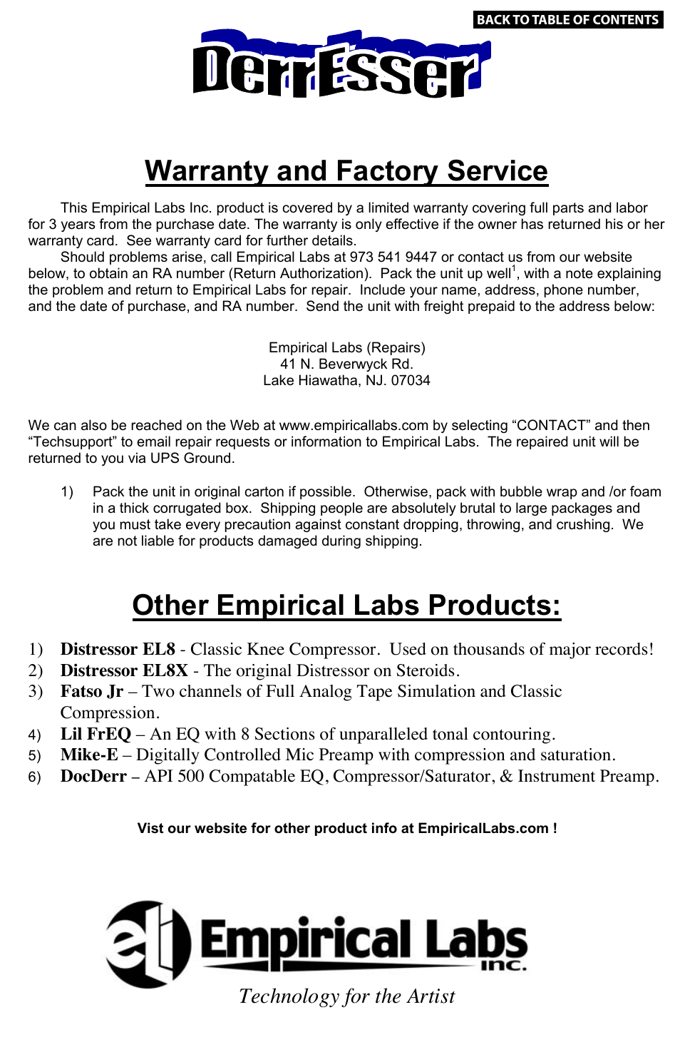 11 warranty (rear cover), Model el-ds, Empirical labs | Dynamic high-frequency “fixer, Warranty and factory service, Other empirical labs products, Index, Features, Specs, Our valued customer comments | Empirical Labs EL-DS User Manual | Page 11 / 11