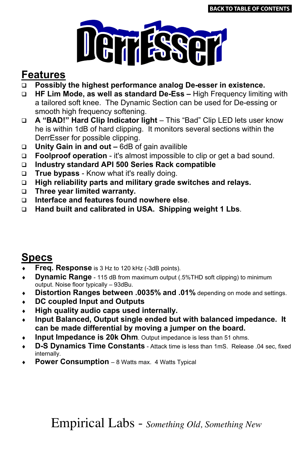 Features & specs, Empirical labs, Features | Specs, Our valued customer comments, Something old, something new | Empirical Labs EL-DS User Manual | Page 2 / 11