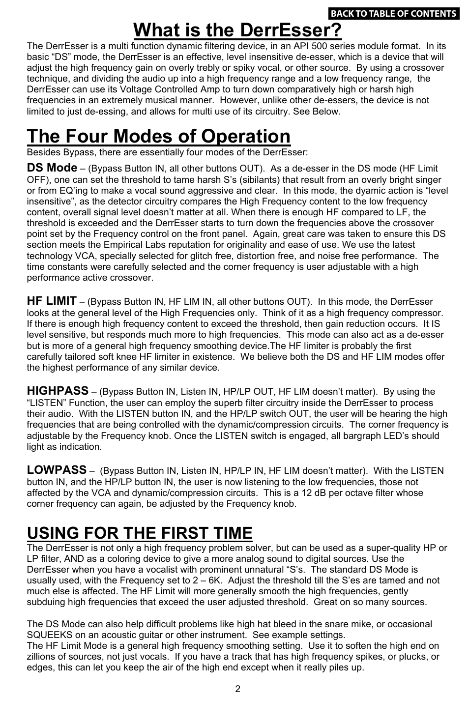 What is the derresser, 2 the four modes of operation, Using for the first time | The four modes of operation | Empirical Labs EL-DS User Manual | Page 3 / 11
