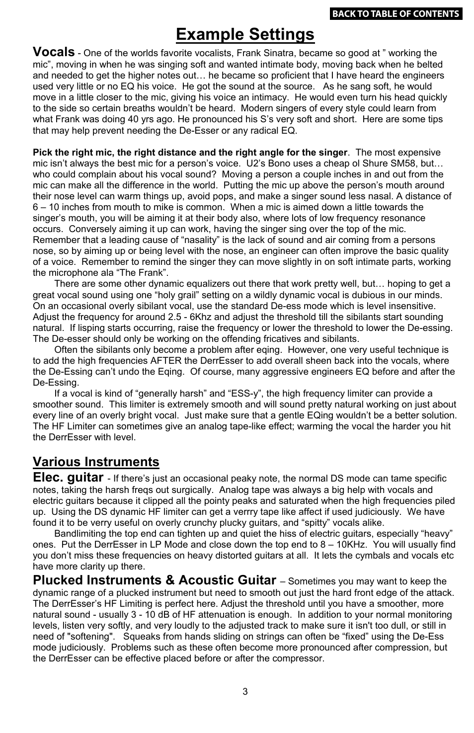 4 example settings, About empirical labs, Example settings | Stereo operation & 5.1 surround use, Cable facts… and fiction, Vocals, Various instruments elec. guitar, Plucked instruments & acoustic guitar | Empirical Labs EL-DS User Manual | Page 4 / 11