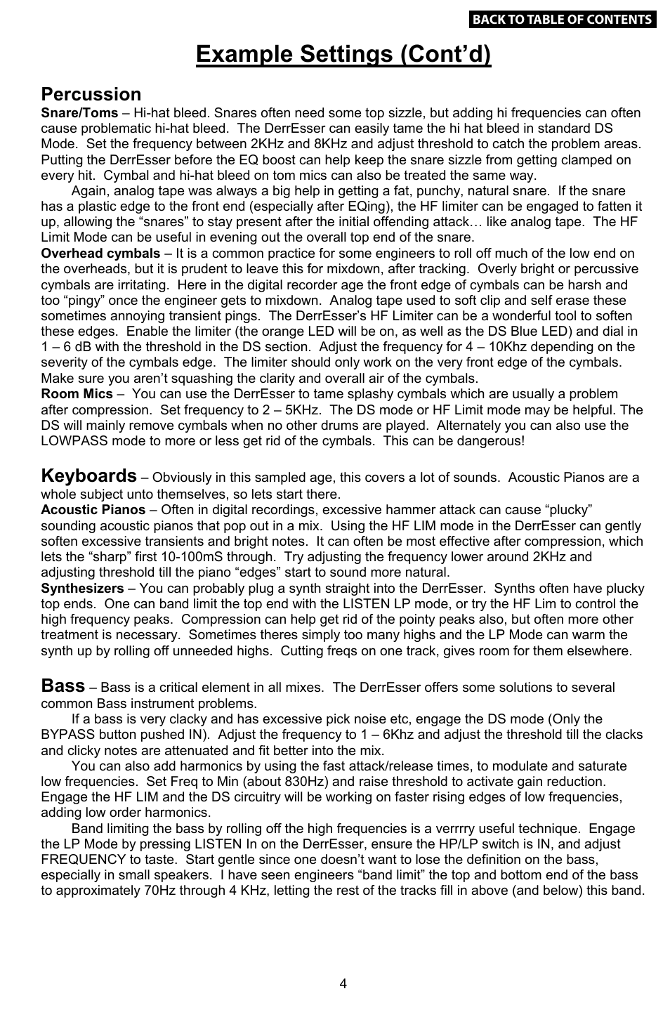 Installing & wiring the derresser, Troubleshooting, Example settings (cont’d) | Percussion, Keyboards, Bass | Empirical Labs EL-DS User Manual | Page 5 / 11