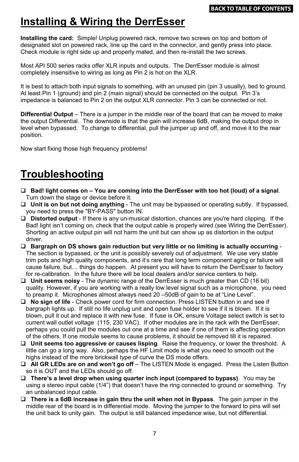 Installing and wiring the module, 7 troubleshooting, Installing & wiring the derresser | Troubleshooting, Example settings (cont’d), Percussion, Keyboards, Bass | Empirical Labs EL-DS User Manual | Page 7 / 11