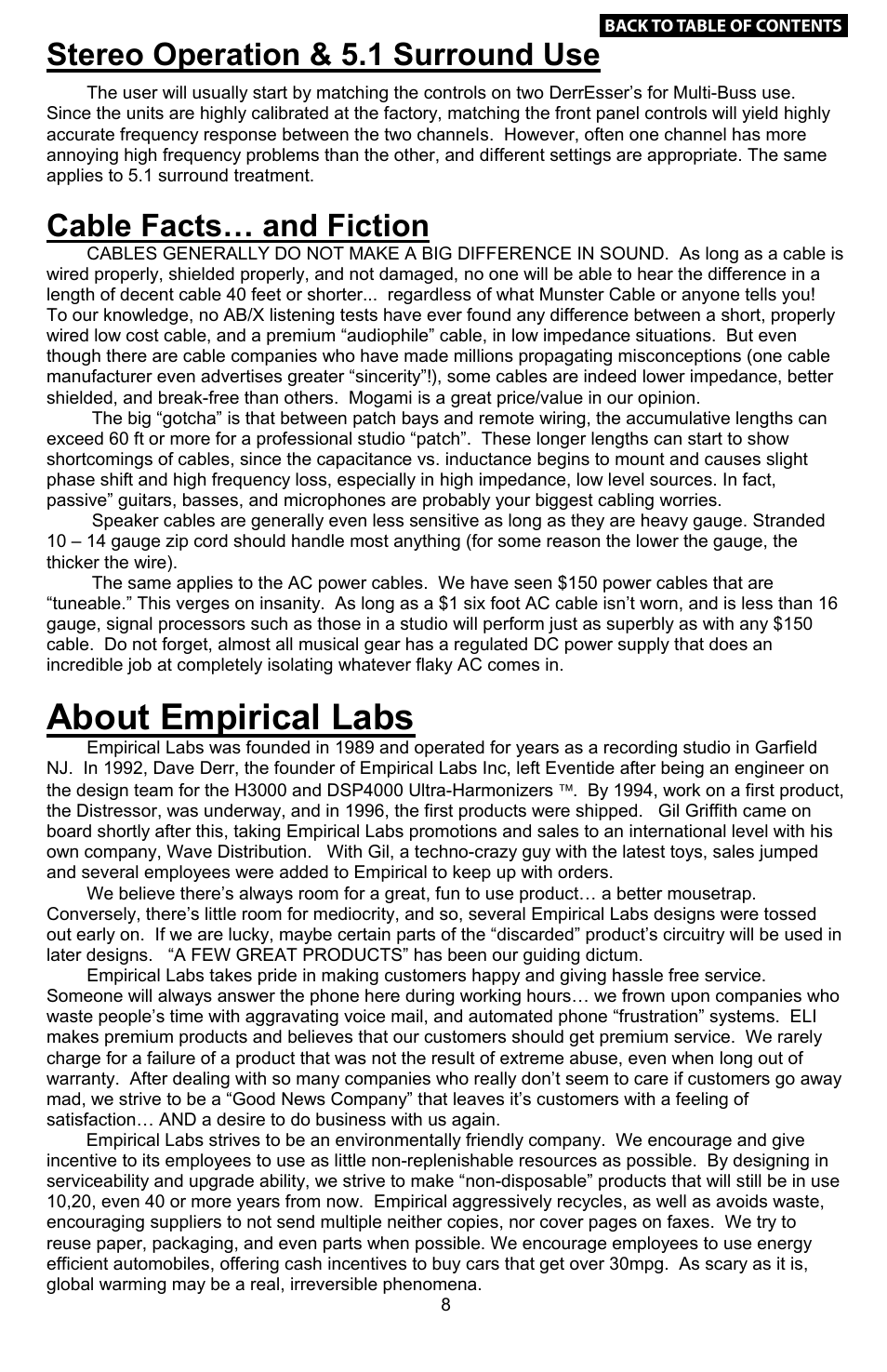 Stereo operation, Cables – fact and fiction, 8 about empirical labs | About empirical labs, Example settings, Stereo operation & 5.1 surround use, Cable facts… and fiction, Vocals, Various instruments elec. guitar, Plucked instruments & acoustic guitar | Empirical Labs EL-DS User Manual | Page 8 / 11