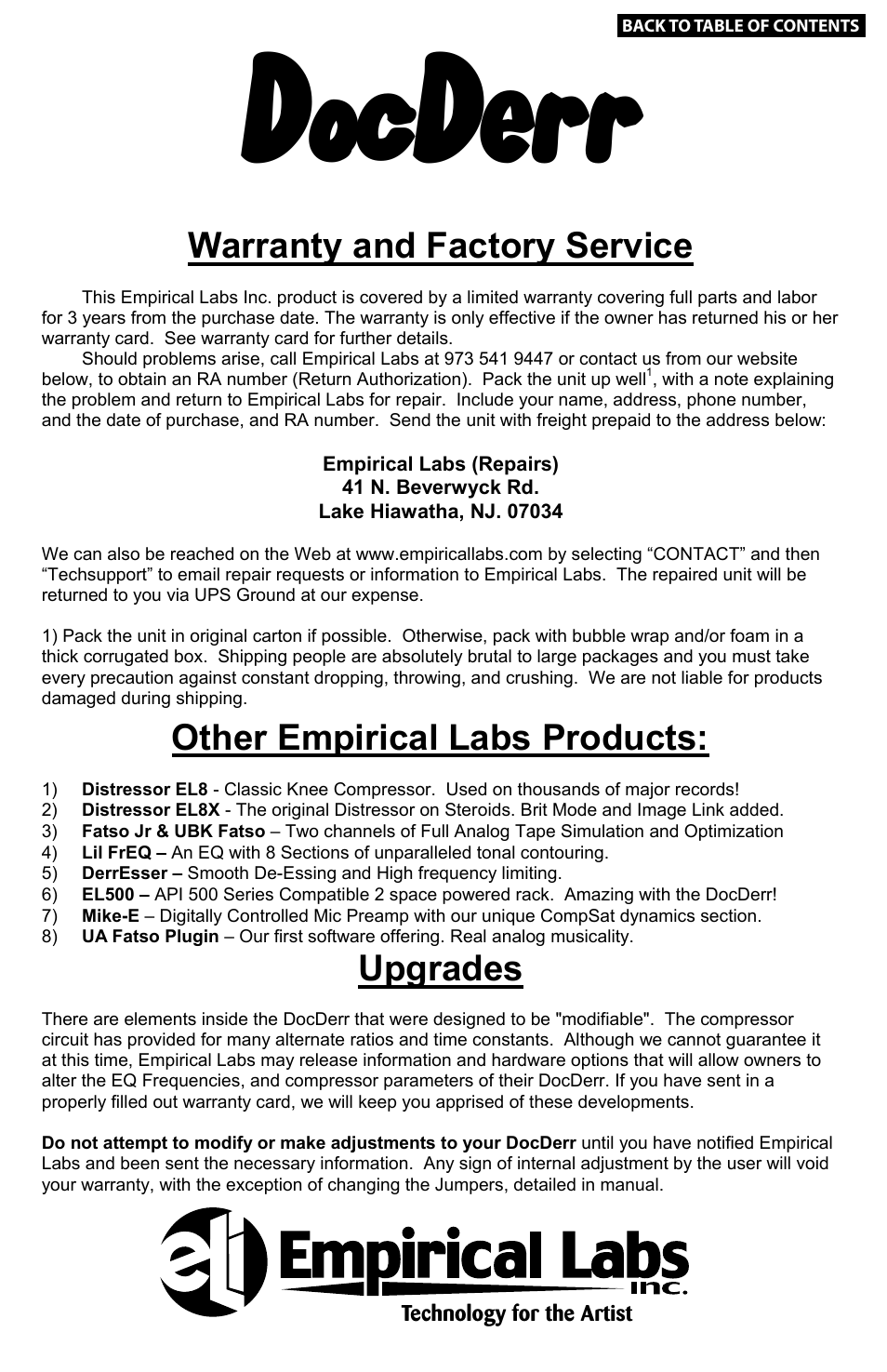 15 warranty (rear cover), Docderr, Empirical labs | Warranty and factory service, Other empirical labs products, Upgrades, Index, Multi-purpose tone doctor, Technology for the artist, Page | Empirical Labs EL-Rx User Manual | Page 14 / 14